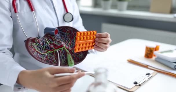 Läkare Visar Konstgjord Lever Modell Och Pilling Till Patienten Lider — Stockvideo
