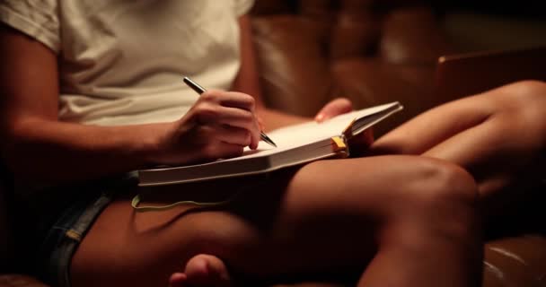 女人在家里沙发上的笔记本上记笔记 规划日和在个人日记中写作 — 图库视频影像