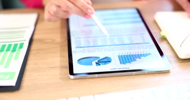 Business Man Menganalisis Statistik Keuangan Yang Ditampilkan Pada Layar Tablet — Stok Video