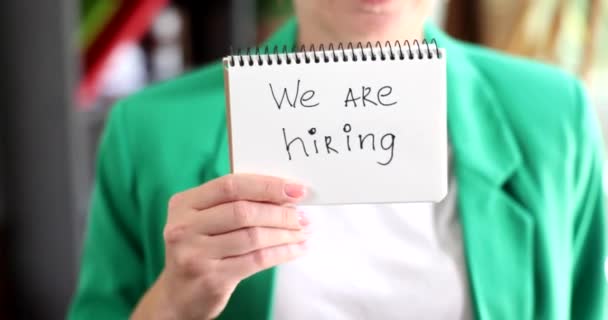 Woman Holds Paper Hands Inscription Hiring Job Search Successful Resume — Stock Video