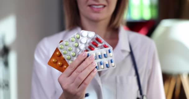 Hand Female Doctor Holds Pack Various Pill Blisters Closeup Choice — Stock Video
