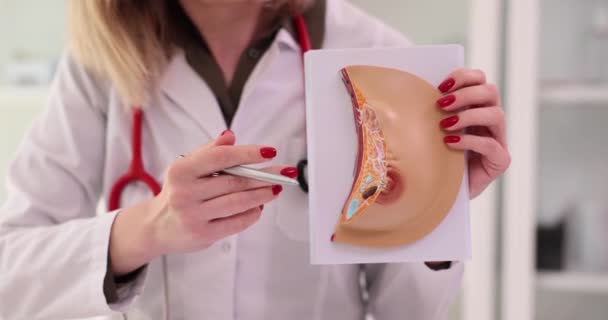 Dokter Mammoloog Verklaart Ziekten Van Vrouwelijke Borst Kliniek Plastische Chirurgie — Stockvideo