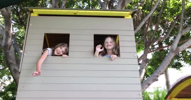 Plac Zabaw Dla Dzieci Naturalnego Drewna Dziewczyny Bawią Się Domku — Wideo stockowe