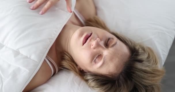 Awakened Shocked Young Woman Looks Covers Menstrual Irregularities Concept — 비디오