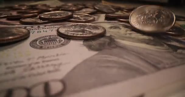 Lots American Banknotes Falling Coins Dark Illegal Highly Paid Professions — Vídeo de stock
