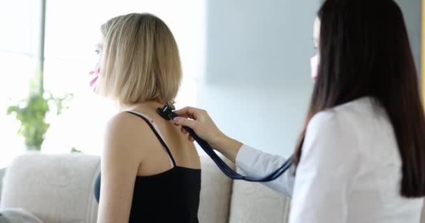 Professional Pulmonologist Examines Young Female Patient Cough Stethoscope Check Your — Video Stock