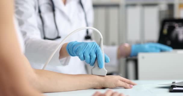 Ultrasound Technician Examines Wrist Hand Bones Young Woman Examination Palmar — Video Stock