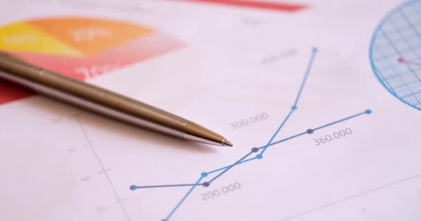 Analiza Sprawozdań Finansowych Liniowych Wykresów Statystycznych Graf Biznesowy Długopis Zbliżenie — Wideo stockowe