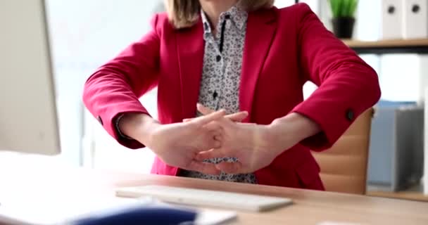 Woman Stretches Arms Ergonomic Office Long Hours Work Comfortable Workplace — Stock Video