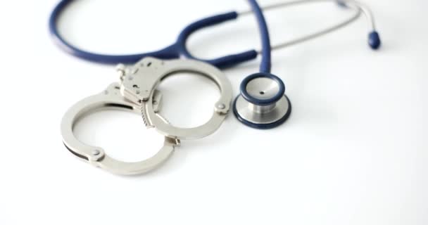 Pouta Lékařský Stetoskop Bílém Pozadí Detailní Záběr Lékařská Kriminalita Úplatkářství — Stock video