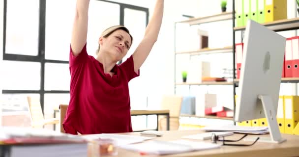 Stress Relief Woman Manager Relaxes Workplace Stretches Body Negative Effects — Stock Video