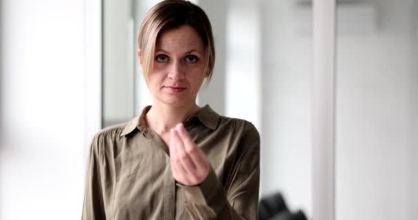 Zakelijke Vrouw Vraagt Cash Hand Gebaar Concept Omkoping Corruptie Het — Stockvideo