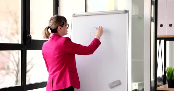 Beautiful Female Mentor Draws Red Exclamation Mark White Board Exclamatory — Stock Video