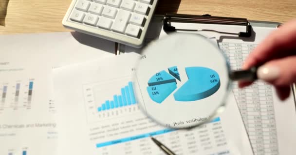 Förstoringsglas Med Fokus Diagram Och Finansiell Rapport Diagram Analys Kommersiella — Stockvideo