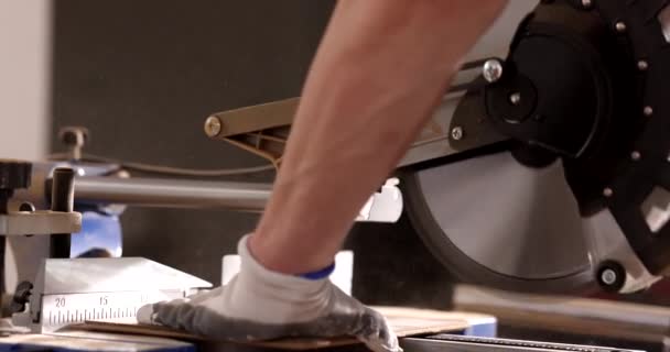 Worker Cuts Laminate Certain Length Electric Saw Self Repair Floor — Stock Video