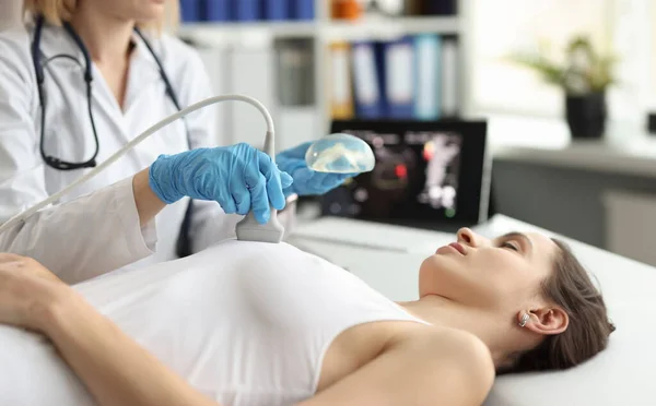 Doctor Makes Woman Breast Ultrasound Close Preparing Mammoplasty Breast Cancer Stock Photo