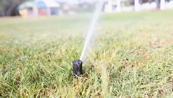 A watering tap irrigates the lawn grass, close-up. Automatic watering system in the park, water pressure on the street