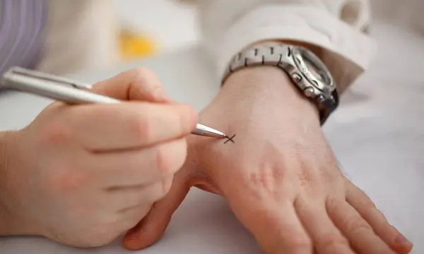 Male make x cross note with silver pen at his arm for keep in mind in office closeup. Try not to forget to do list concept