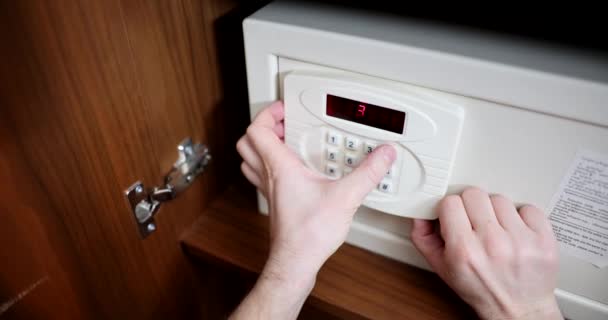 Adult Man Uses Safe Hotel Room Dials Secret Code Safe — Stock Video