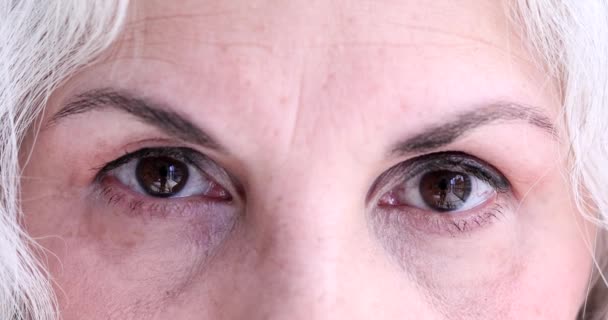 Primer Plano Los Ojos Marrones Mujer Edad Avanzada Con Pelo — Vídeo de stock