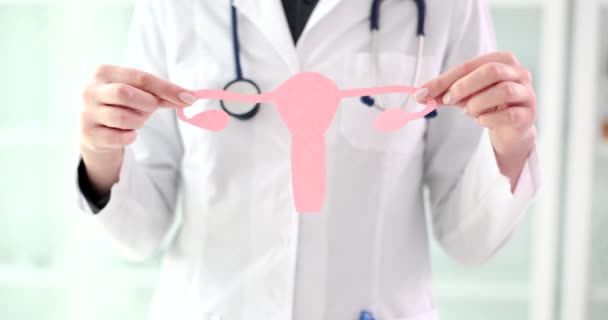 卵巣を持つ子宮の手の解剖学的モデルで保持医師は4K映画スローモーションを閉じます 婦人科医療の概念 — ストック動画