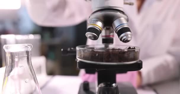 Scientifique Ajoute Liquide Clair Pipette Plat Verre Rempli Terre Exploration — Video