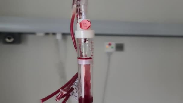 ドロッパーでドロッパーでドロップドロップして 臨床クローズアップ4K映画で癌患者を治療する 重度の貧血の概念のための治療としての血液輸血 — ストック動画