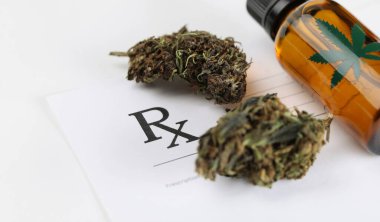 Tıbbi reçetenin üzerinde kurumuş marihuana yaprakları ve kenevir yağı kavanozu var. Farmakolojik iş uyuşturucu tedavisi kavramı