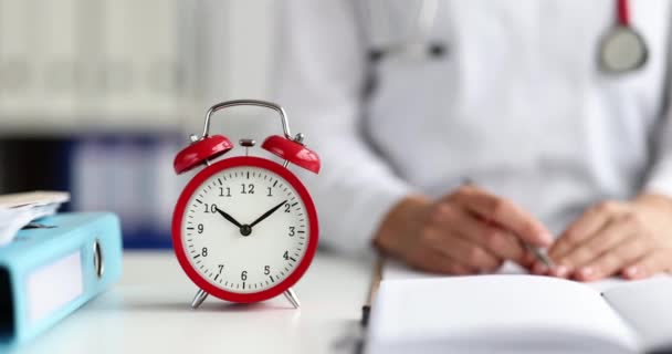 Red Alarm Clock Stands Workplace Doctor Deadline End Seasonal Illness — 비디오