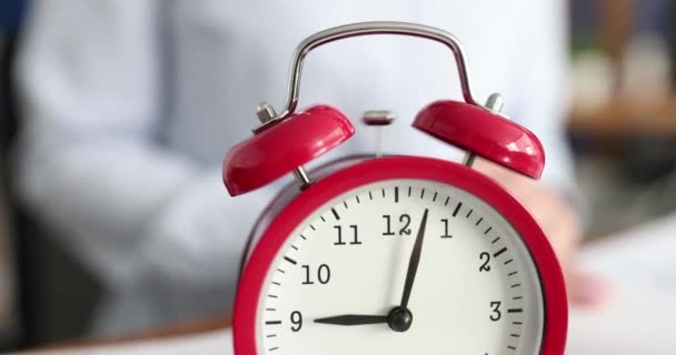 Red Alarm Clock Rings Nine Oclock Start Working Day Concept — 图库视频影像