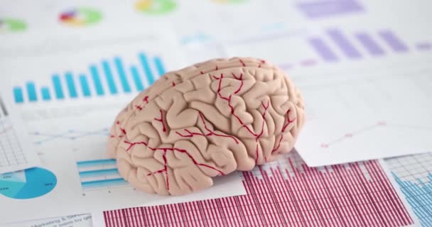 Human Brain Mockup Financial Business Indicators Graphs Analytical Mindset Marketing — Stock Video