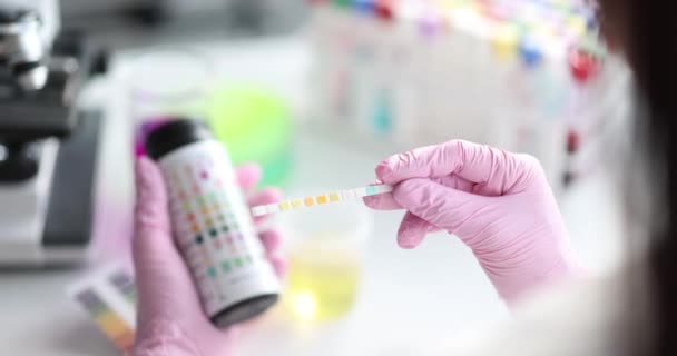 Chemist Wearing Sterile Gloves Checks Tubes Organic Substances Analysis Scientific — Stockvideo