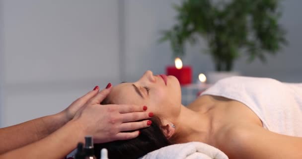 Happy Beautiful Adult Woman Closed Eyes Receiving Head Face Massage — Videoclip de stoc