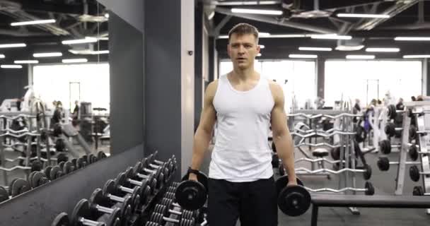 Man Athlete Carrying Dumbbells Hands Gym Movie Slow Motion Regular — Stock Video
