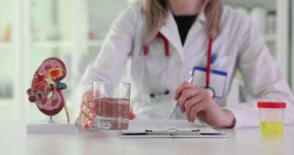 医師の尿学者は 人間の腎臓と尿検査のモデルの近くに水のガラスを置く 映画のスローモーションを閉じます 排尿システムの概念の病気のための適切な液体摂取量 — ストック動画