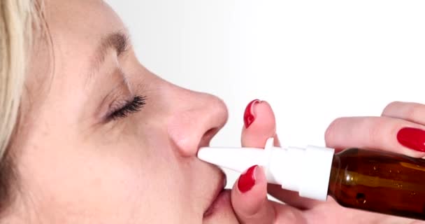 Woman Dripping Vasoconstrictor Drops Nose Profile Movie Treatment Acute Respiratory — Stock Video