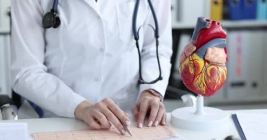 Doktor kardiyolog klinikteki hastanın kardiyogramını inceliyor. Kardiyovasküler hastalık konsepti