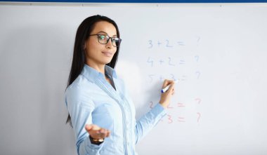 Kadın öğretmen elinde formüllerle tahtada duruyor ve bilgiyi açıklıyor. Çocuklar için matematik dersleri