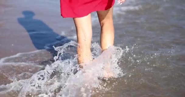 女性の足は海のビーチに沿って歩いて海を楽しむ 休暇中に海と観光客に沿って歩く — ストック動画