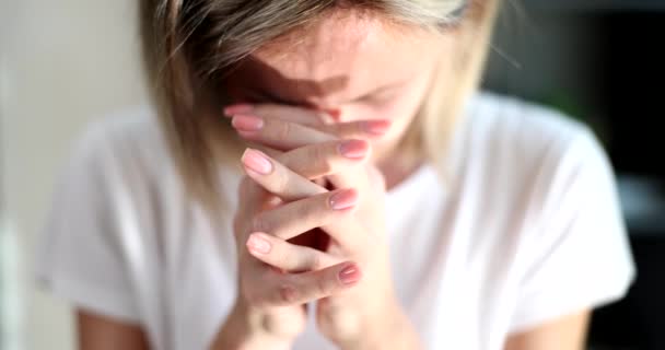 Woman Palms Folded Prayer Gesture Eyes Closed Say Morning Prayer — Stock Video