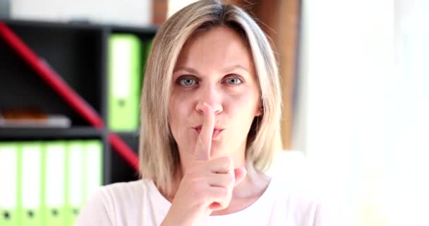 Portrait Serious Woman Showing Gesture Silence Finger Lips Woman Asking — Stock Video