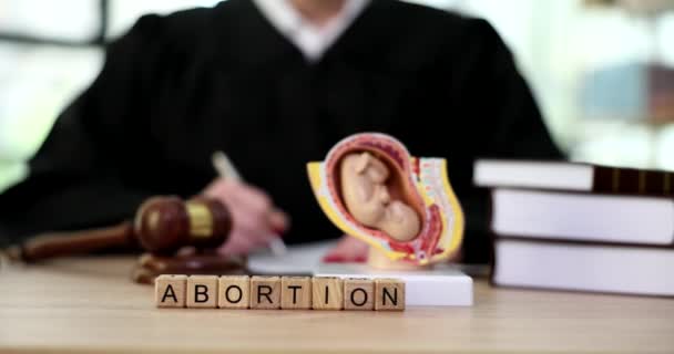 Model Fetus Uterus Word Abortion Judge Table Closeup Movie Slow — Stock Video