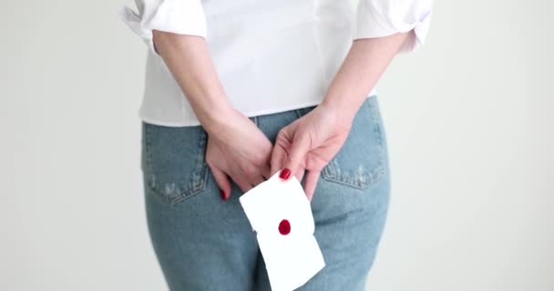 Woman Holding Rectal Area Bloody Toilet Paper Back View Movie — Stock Video