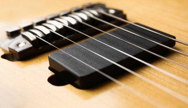 Gül ağacı boyun closeup ile klasik şekli ahşap elektro gitar. Yaylı altı ders müzisyen okul eğitim sanat eğlence elektrik vintage sahne ahşap gitar kavram öğrenme