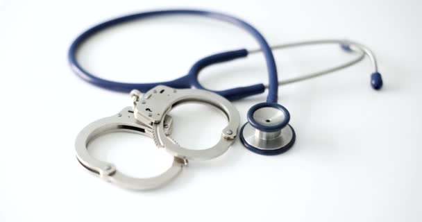 Kajdanki Niebieski Stetoskop Medyczny Białym Tle Zbliżenie Błąd Medyczny Odpowiedzialność — Wideo stockowe