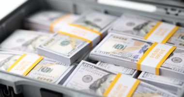 Açık bir çantada bir sürü Amerikan doları, yakın plan. Para dolu el bagajı, yavaş çekimde.