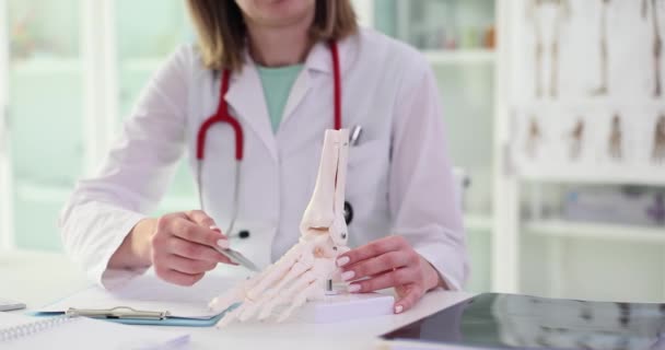 Femme Médecin Pointe Stylo Aux Sur Modèle Artificiel Squelette Pied — Video