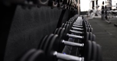 Modern spor salonunda kasları çalıştırmak için siyah halterler. Sporcular için ekipman. Eğitim kavramı ve fiziksel sağlığın iyileştirilmesi