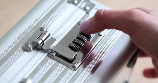 Female Hand Opens Silver Briefcase Using Combination Lock Young Woman — Stock Video