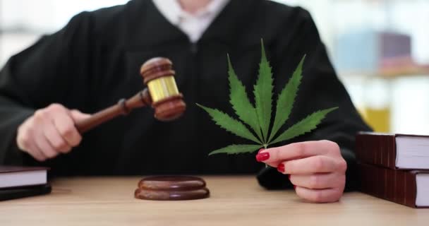 身穿黑色斗篷的法官手持大麻叶 在音块上敲打木槌 法院工作人员对非法种植大麻的慢动作作出判决 — 图库视频影像